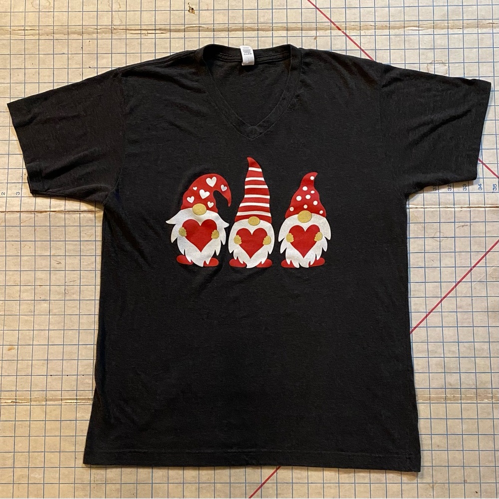 Valentine Gnomes t-shirt, Tultex 207, size L, v-neck, dark gray, red hearts